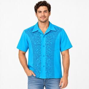 Vintage 1970s Blue Disco Pop Art Short Sleeve Button Up Shirt / Men’s Large -